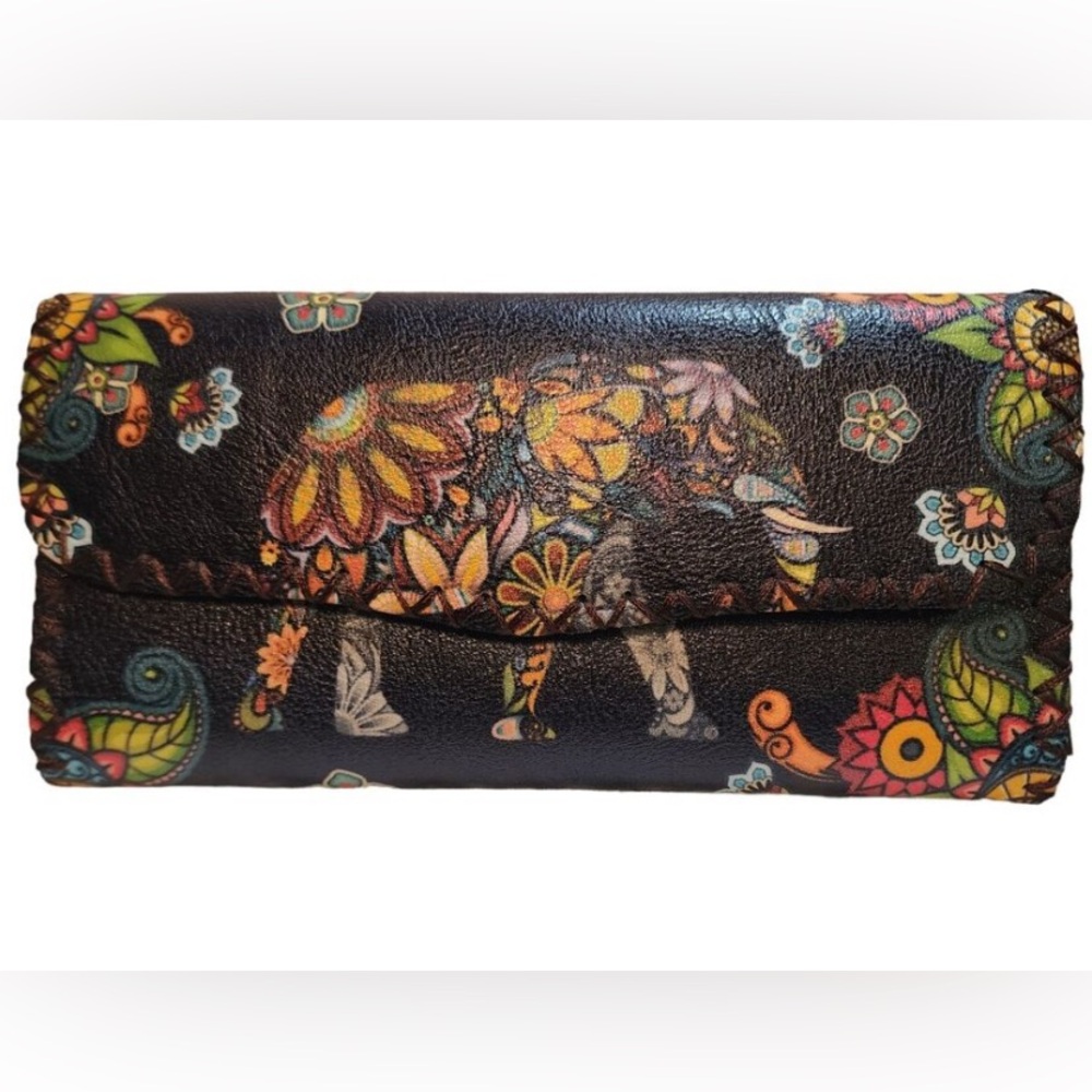 Faux Leather Floral Elephant Pattern Navy Background Wallet NWOT